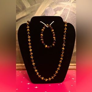 Tiger's Eye Bead Strand Pullover Vintage Necklace w/Silver Spacers & bracelet.